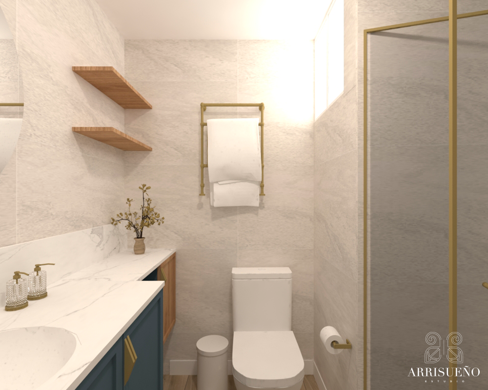 Render en 3D de un baño. Hay una ducha, un lavabo y un inodoro. Las paredes son de mármol blanco.