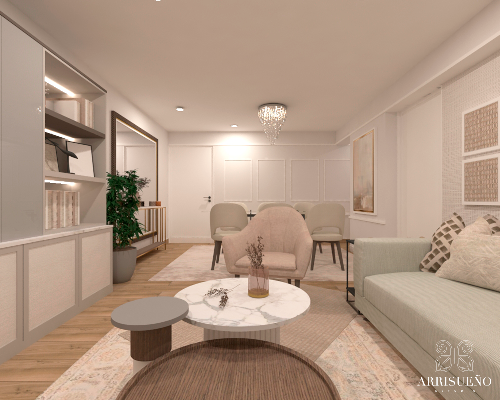 Render en 3D de un espacio que tiene una sala de estar y un comedor.