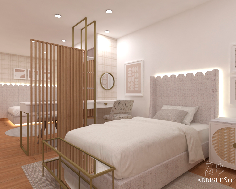 Render en 3D de una habitación con dos camas. EL espacio está dividido en dos por un panel central de madera.