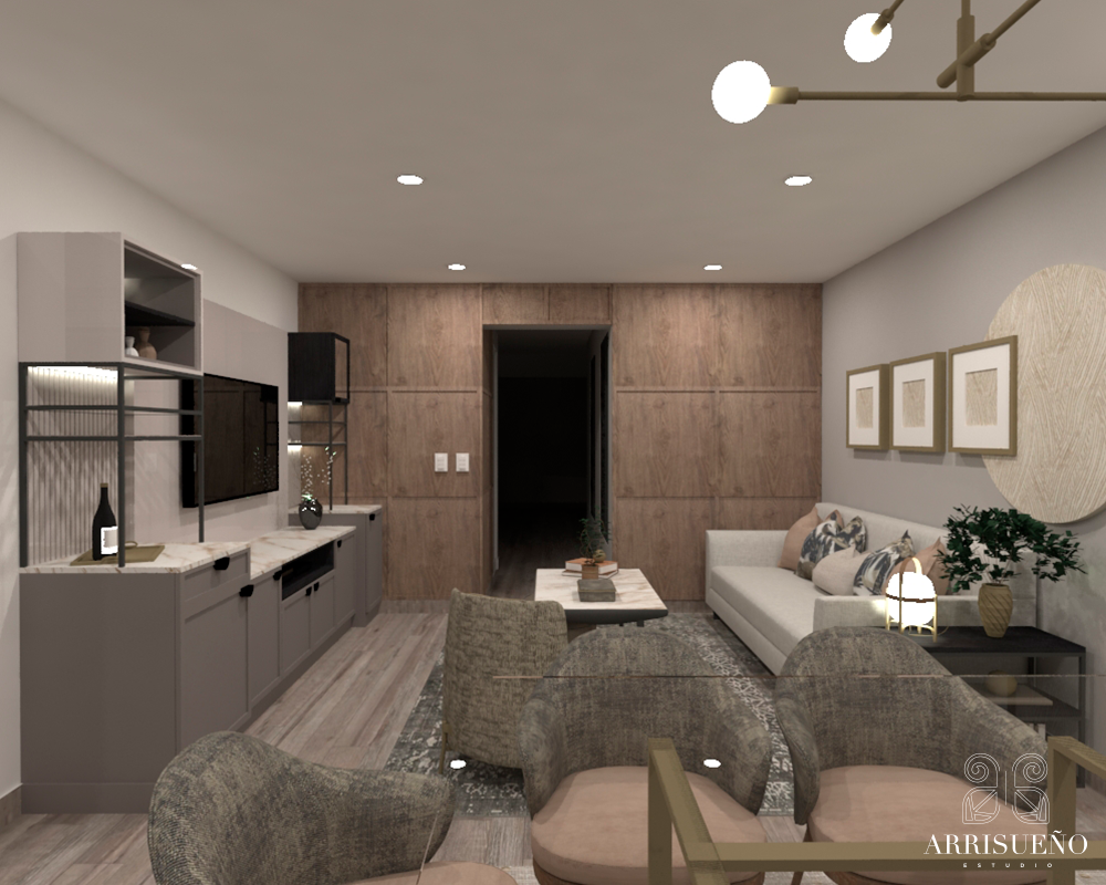 Render en 3D de un espacio que tiene una sala de estar y un comedor. 