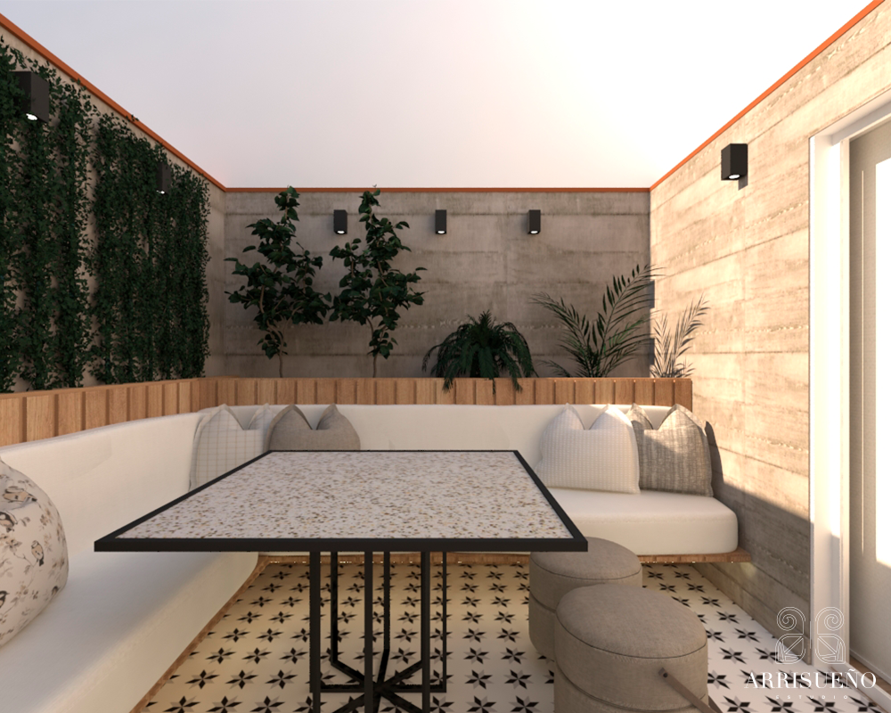 Render en 3D de una terraza. A lo largo de las paredes hay un sillón color blanco. Al centro del espacio hay una mesa cuadrada.  